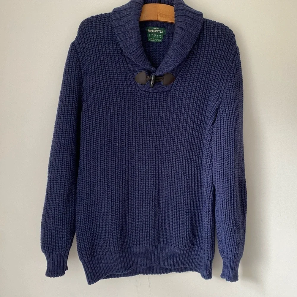 Beretta Sweater Men's Large Navy Blue Merino Wool Schawl Collar Made in Italy